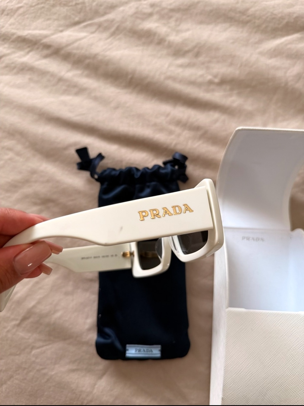 Prada White Sunglasses Case with Gold Logo and Navy Pouch - Picture 5 of 5